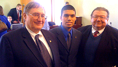 Carlos Ruiz, a junior majoring in finance at UT, posed for a photo in Columbus with President Lloyd Jacobs and State Rep. Peter Uvagi.