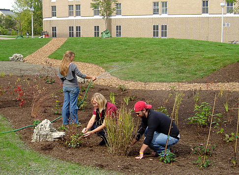Annie Baibak watered the Mary Sue Cave Honors Rain Garden earlier this year as Shannon Booth and Andrew Walsh finished putting in plants. They are students in the Honors Program.