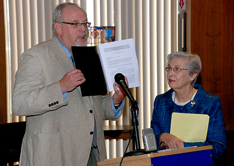 Dr. Dale Snauwaert talked about the work of Dr. Betty Reardon, who waited to speak during an opening event at the Canaday Center for Special Collections, where her papers are now preserved.
