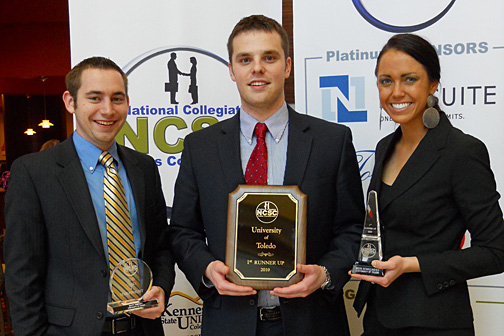 UT students, from left, Matt Shipley, Jeff Tippy and Heidi Schollmeier showed off the awards they won at the National Collegiate Sales Competition.