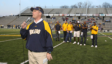 Head Coach Tim Beckman talked to the crowd before the spring football game.