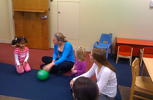 Lauren Notario, left, and Emily Everly, students in the Speech-Language Pathology Program, worked with children in the Auditory and Language Enriched Program.