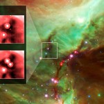 Infrared images from instruments at Kitt Peak National Observatory, left, and NASA's Spitzer Space Telescope document the outburst of HOPS 383, a young protostar in the Orion star-formation complex. The background is a wide view of the region taken from a Spitzer four-color infrared mosaic. Images courtesy of NASA/JPL-CalTech/UT; background by Emily Safron and UT researchers