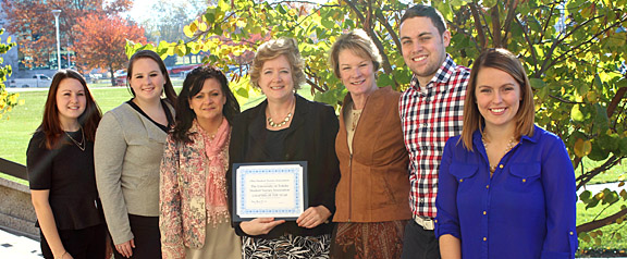Showing off the certificate the UT Student Nurses’ Association received in October were, from left, Stacy Barnes, Amanda Nuckols, Adviser Denise Oancea, College of Nursing Interim Dean Kelly Phillips, Adviser Karen Tormoehlen, Max Pulfer and Morgan Rethman. Nuckols is the president of the chapter, and Barnes, Pulfer and Rethman are executive board members of the organization.