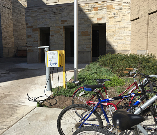 Bike riders who need to make minor repairs or air up tires can stop at three repair stations, including this one on the south side of the Student Union on Main Campus.