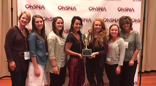 Posing for a photo with the Brain Bowl trophy in October at the Ohio Student Nurses’ Association Convention in Columbus were, from left, Karen Tormoehlen, Mariah Dooley, Kaitlin May, Alexis Ortiz, Allison Turnwald, Kayla Tibbits and Patty Sopko.