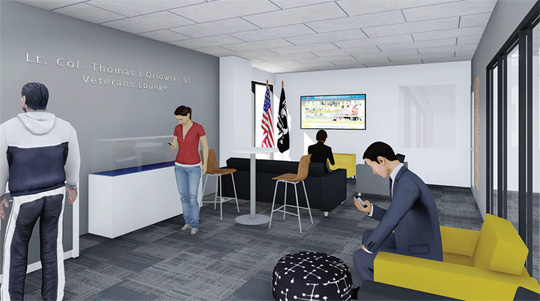 This rendering shows what the Lt. Col. Thomas J. Orlowski ’65 Veterans Lounge may look like when finished on the second floor of Carlson Library this summer.