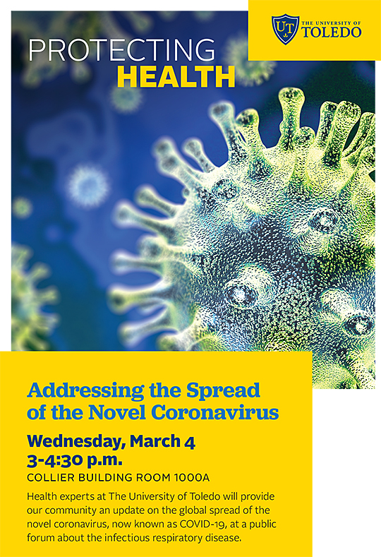 Poster with germ photo and headline Addressing the Spread of the Novel Coronavirus