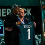 Quinyon Mitchell poses with NFL Commissioner Roger Goodell following his selection as the 22nd player chosen in the 2024 NFL Draft. Mitchell is the first Rocket to be taken in the first round of the draft in 31 years.