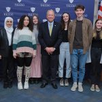UToledo President Gregory Postel, center, poses with students who were either recently nominated for or have received nationally competitive scholarships and fellowships at the Office of Competitive Fellowships’ Awards Reception and Breakfast in late April.