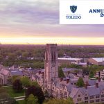 Main Campus drone shot at sunrise with the words Annual Report 2023-24.