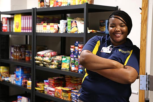 Adrienna Hutchins, a graduate assistant for the Division of Student Affairs, helped relocate the Student Food Pantry to Student Union Room 2504.