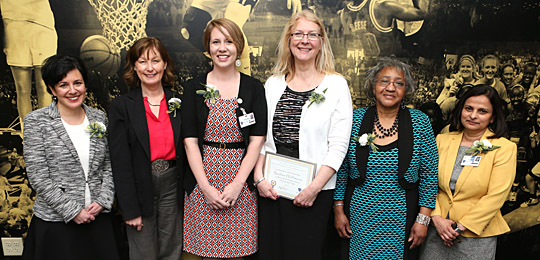 Recipients of the the Dr. Alice Skeens Outstanding Woman Award were, from left, Nicole Porter, Dr. Barbara Schneider, Sara Clark, Nadine Hoffmann, Betty Jean Sullivan and Dr. Deepa Mukundan. 