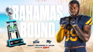 Football player with beach background and words Bahamas Bound