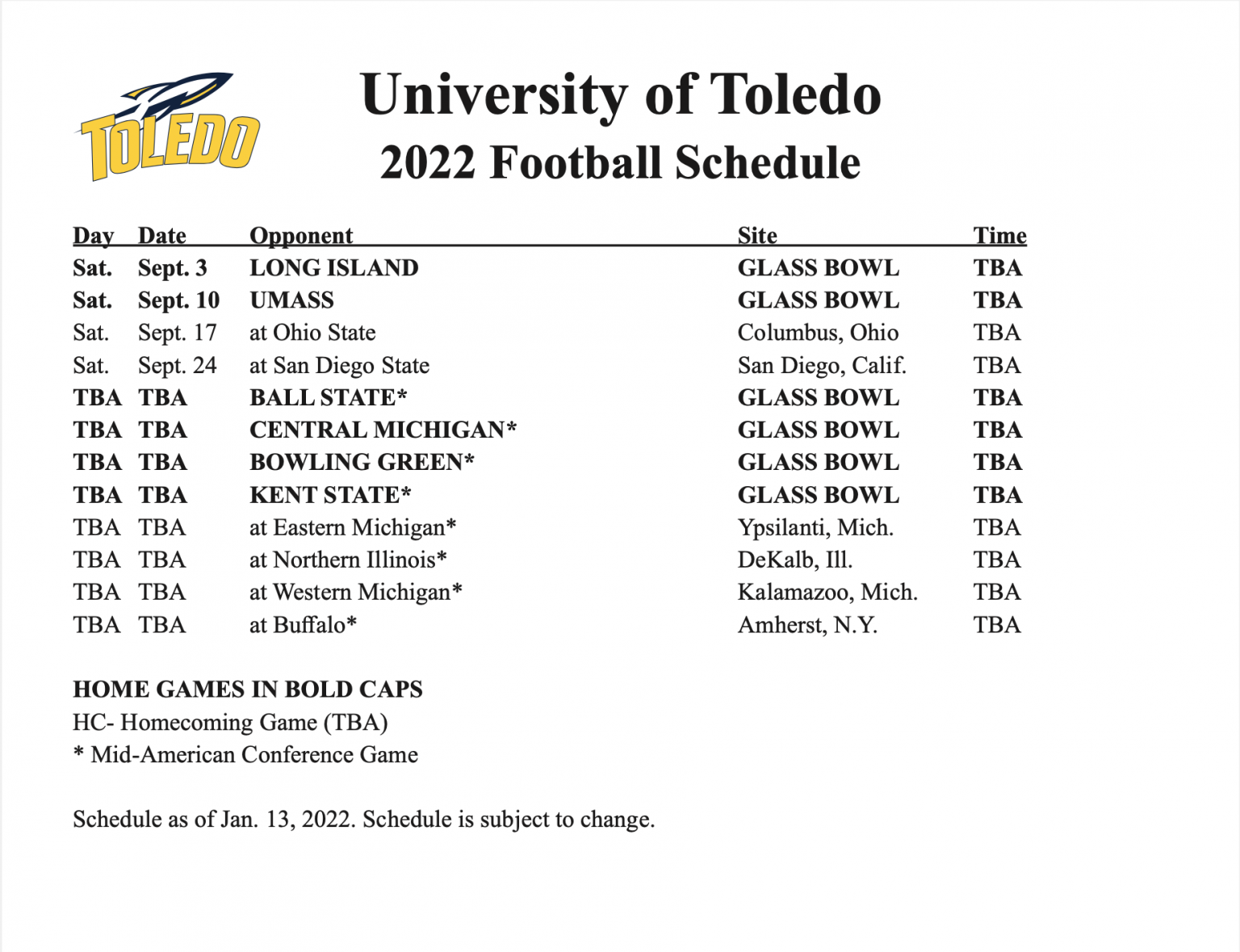 Toledo’s 2022 Football Schedule Features Six Home Contests, Road Game at Ohio State | UToledo News