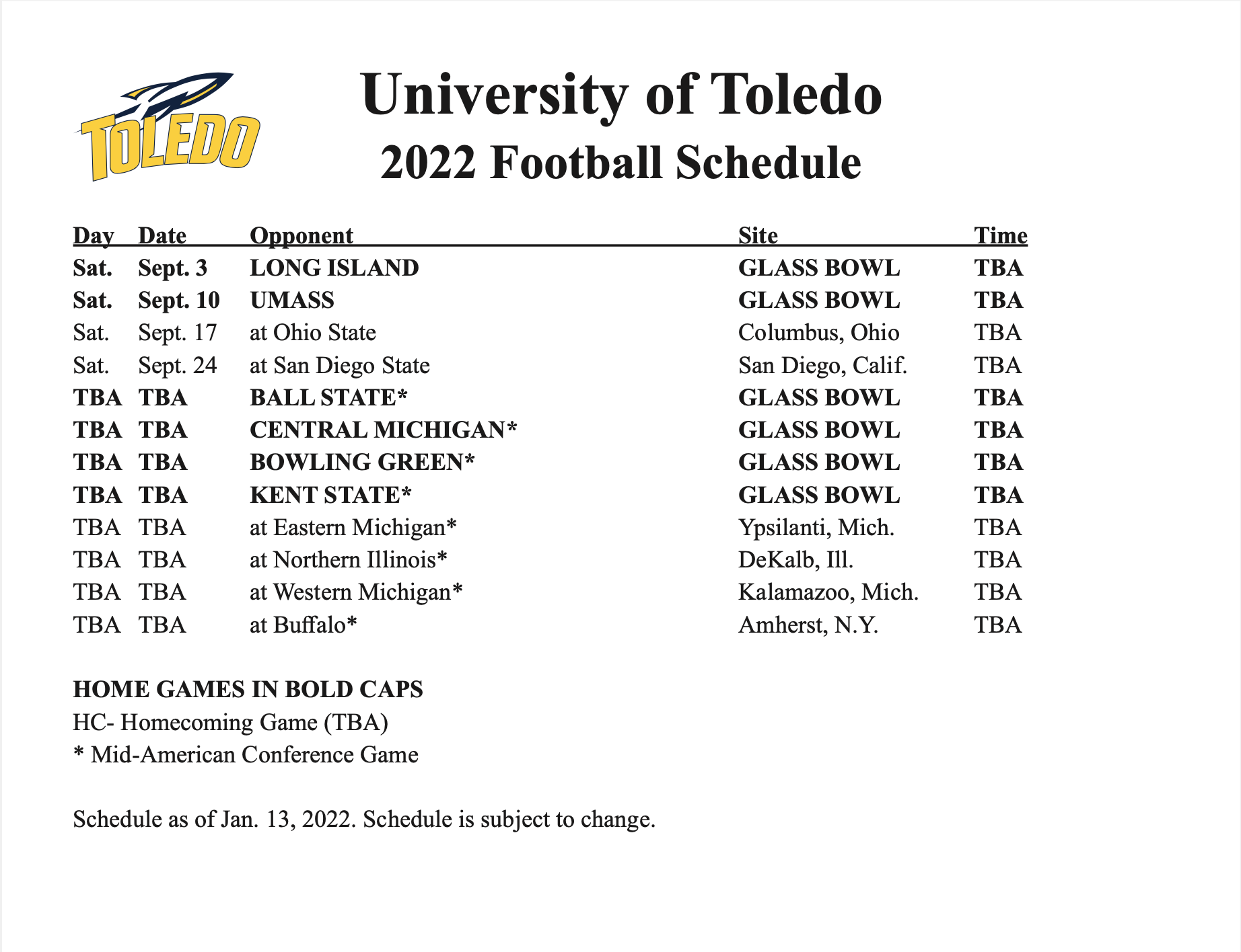 Toledo's 2022 Football Schedule Features Six Home Contests, Road Game at  Ohio State