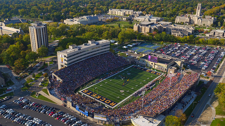 Aerial photo of Glass Bowl Stadium filled with Rockets fans during a football game.