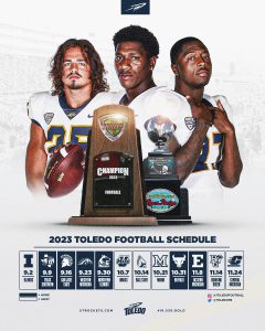 Poster with three football players, MAC Champion Trophy and dates of 2023 football schedule.