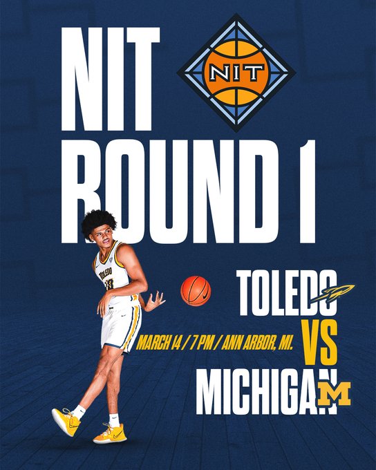 Graphic with large words reading NIT Round 1 with an image of a basketball player passing the ball behind his back