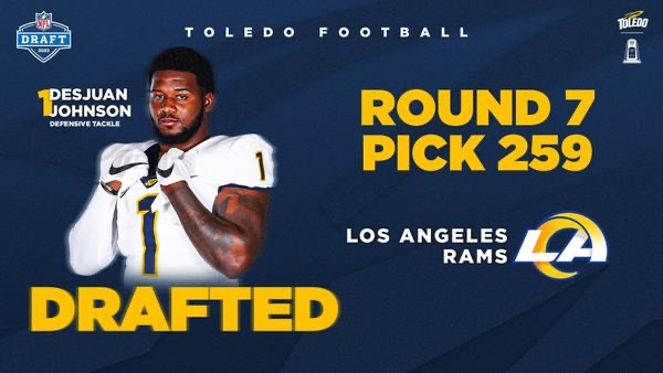 Photo of Desjuan Johnson with words DRAFTED ROUND 7