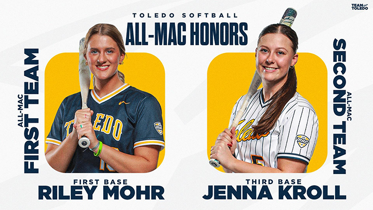 Promotional graphic for Toledo Softball players Riley Mohr and Jenna Kroll who received All-MAC honors.