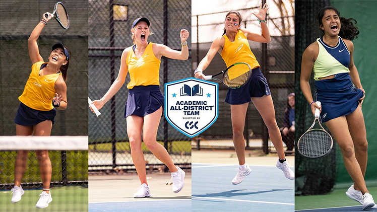 A promotional graphic for the four Women's Tennis players who are CSC Academic All-District.