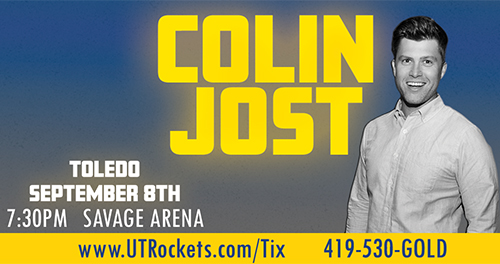 Promotional graphic for Comedian Colin Jost performing at The University of Toledo at 7:30 p.m. Sept. 8 in Savage Arena.