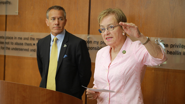 U.S. Rep Marcy Kaptur announces the nearly $7 million in funding from the National Institute of Standards and Technology to improve key biomedical research facilities on Health Science Campus, including the University’s biosafety level 3 laboratory.
