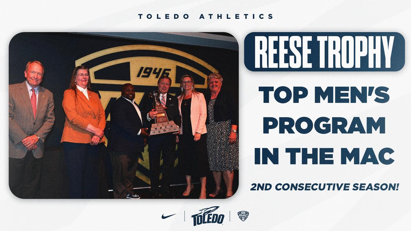Photo of UToledo leaders pose with Reese Trophy in graphic noting UToledo is the top men's program in the MAC