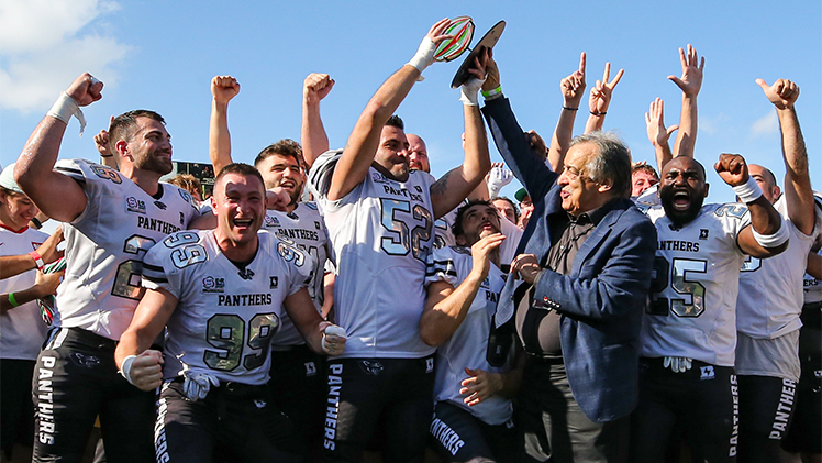The Parma Panthers of the Italian Football League celebrate after beating Guelfi Firenze, 29-13, in Saturday’s XLII Italian Bowl in the Glass Bowl.