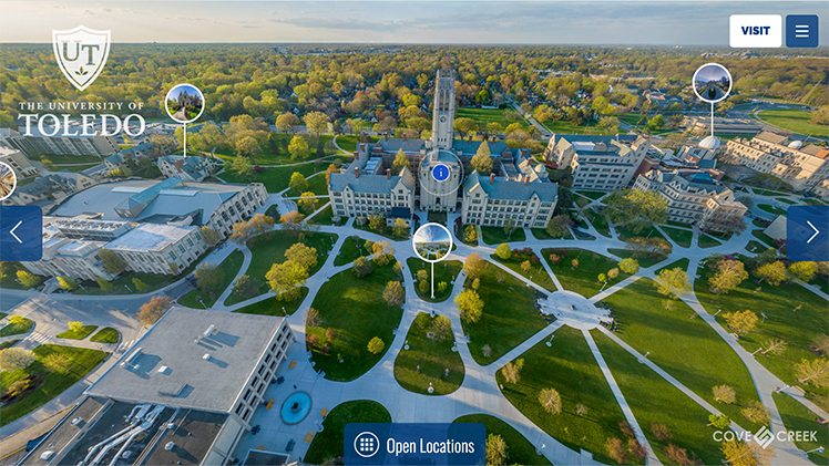 A screenshot of an aerial view of UToledo's Main Campus in the new virtual tour.