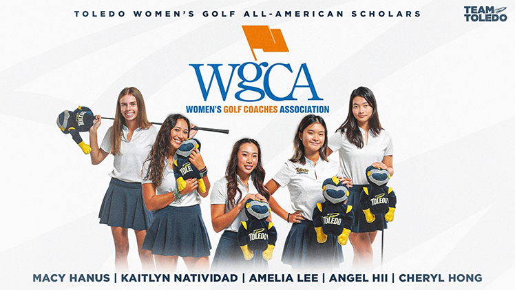 A promotional graphic announcing the five Toledo Women's Golf players on the 2022-23 Women's Golf Coaches Association All-American Scholar Team.