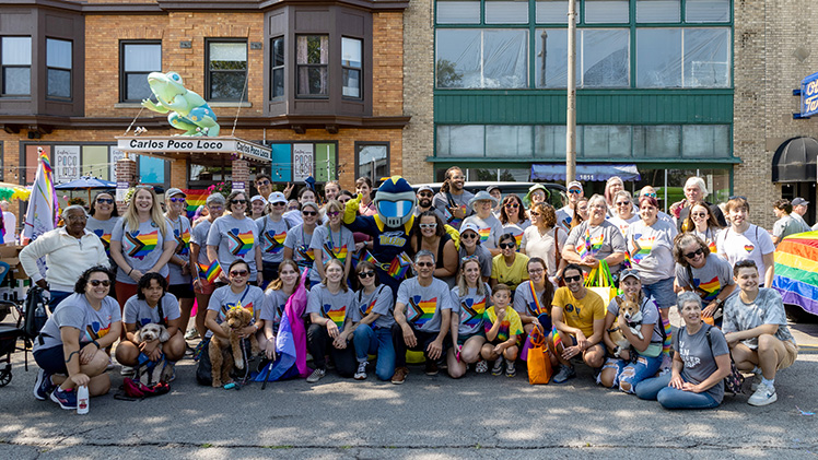 A group photo of 50 of the nearly 100 UToledo students, faculty, staff and alumni as well as Rocky who marched in Saturday’s annual Toledo Pride Parade in downtown Toledo to celebrate the LGBTQA+ community. 