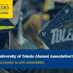 Promotional graphic for the 2023 UToledo Alumni Association's Homecoming Alumni Gala for distinguished graduates with a photo of an unseen UToledo graduate's graduation cap that says "Toledo."