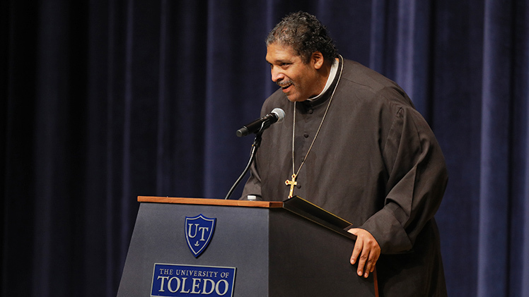 The Rev. Dr. William J. Barber II, a prominent modern-day social activist and the featured speaker at Thursday evening’s 2023 Edward Shapiro Distinguished Lecture Series event, smiles as he addresses the audience at Doermann Theatre in University Hall.