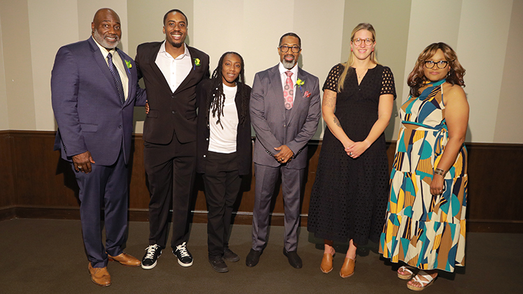 The University of Toledo Varsity T Club inducted its 2023 Hall of Fame class in a dinner reception Friday at The Premier in Toledo. From left, David Menefee, football (1978-81), Justin Drummond, men's basketball (2013-15), Andola Dortch, women's basketball (2009-14), Rick Isaiah, football (1987-1990), Claire Leichty, women's swimming and diving (2008-12), and the daughter of Henry Burch, football (1963-66), who could not attend.