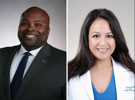 Side-by-side headshots of Bryan Blair, vice president for intercollegiate athletics and director of athletics; Dr. Maria Luisa Corpuz, an assistant professor of Family Medicine and medical director of the Physician Assistant Studies at the College of Medicine and Life Sciences.