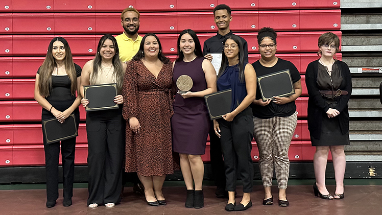 The University of UToledo had 12 scholarship recipients this year at the 34th annual Diamante Awards at Owens Community College. Pictured, from left, Monica Hernandez; Glendi Cano Perez; Steven Rosario; Aleiah Jones, associate director of the Office of Multicultural Student Success and president of the Latino Alliance of Northwest Ohio; Erica Sacoto; Antoine Washington; Alina Torres; Autumn Vasquez; and Sam Underhill.