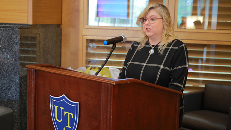 Sherry Baker, who received the 3,000th kidney transplant in UTMC's history earlier this year, spoke Thursday, Oct. 19, at an event celebrating the milestone procedure.