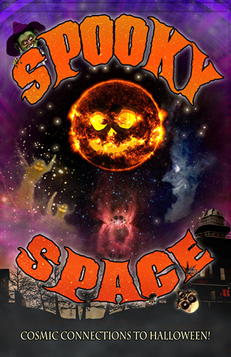 A poster from the astronomy film for children, "Spooky Space," with a glowing Jack-o-Latern, a witch and a ghost on a starry background.