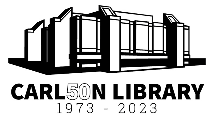 Promotional graphic with drawing of Carlson Library for its 50th anniversary, 1973-2023.