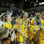 Toledo Women's Basketball celebrates winning the MAC championship in 2023.