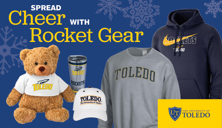 Spread Cheer with Rocket Gear Promotional Graphic with UToledo merch.