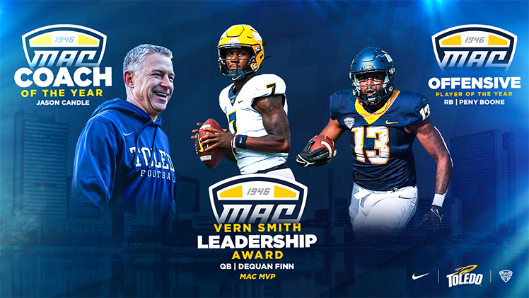 Promotional graphic for UToledo football team announcing MVP, and MAC coach and offensive player of the year awards.