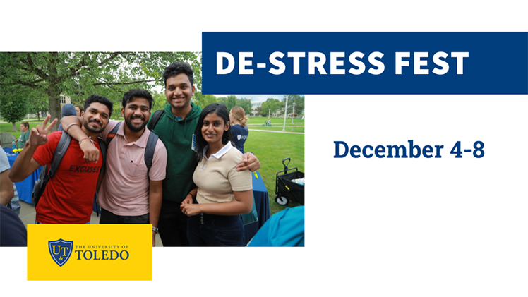 Promotional graphic for De-stress Fest from Dec. 4-8.