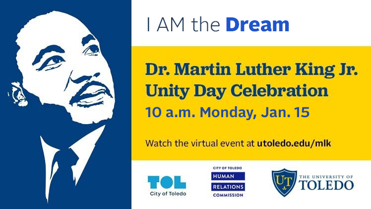 Promotional graphic for MLK Unity Day virtual event at 10 a.m. Monday, Jan. 15, with the theme I AM the Dream. 