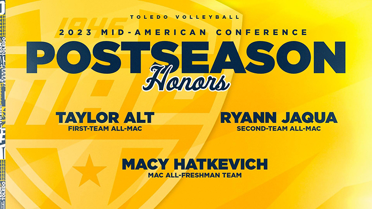 Promotional graphic for UToledo women's volleyball announcing Taylor Alt and Ryann Jaqua were named All-MAC; Macy Hatkevich was named to all-freshman squad.