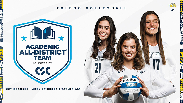 Promotional graphic celebrating women's volleyball team members Taylor Alt, Abby Erickson and Izzy Granger who advanced to ballot for Academic All-America.