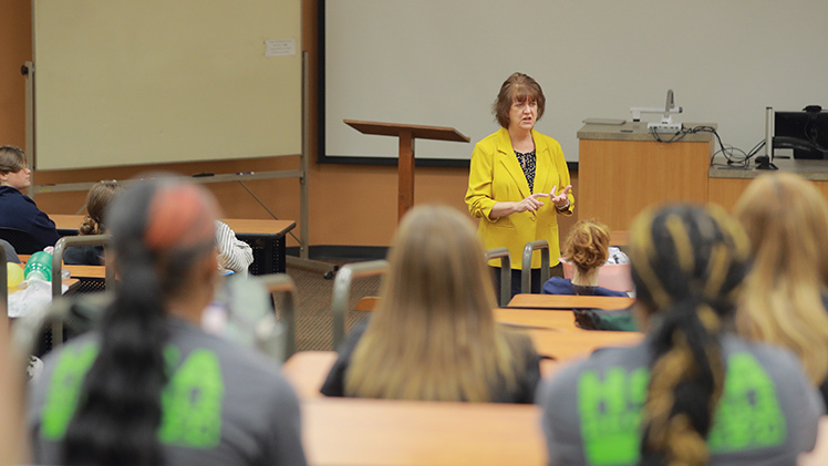 Dr. Pamela Heaton, dean of the College of Pharmacy and Pharmaceutical Studies, speaks to high school students visiting The University of Toledo Friday, Jan. 12, for an Ohio Healthcare Occupation Students of America regional competition.