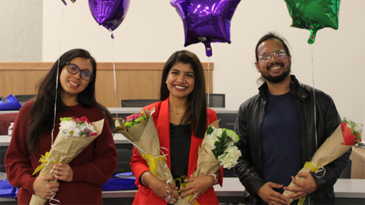The 2023 Three Minute Thesis Final Competition winners, from left, Upasana Shrestha, runner-up; Emma Elizabeth Sabu Kattuman, first place; and Md Zubayer Hossain Saad, honorable mention.